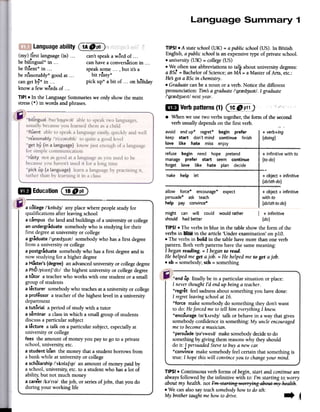 TIPS! .A stateschool(UK) = apublic school(US). In Biitish
English, apublic schoolis an expensive type of private school.
.university (UK) = college (US)
.We often use abbreviations to talk about university degrees:
..a BSc = Bachelor of Science; an MA = a Master of Arts, etc..:
Hesgot a BSc in chemistry.
.Graduate can be a noun or a verb. Notice the different
pronunciation: Tims a graduate /'grred3U;)t/.I graduate
/'grred3uelt/ next year.
lID Verbpatterns(1)G~EI) '.
.When we use two verbs together, the form of the second
verb usually depends on the first verb. '. .
avoid end up* regret* begin prefer
Ikeep start don't mind continue finish
love like hate miss enjoy
+ verb+ing
(doing)
refuse begin need hope pretend
manage prefer start seem continue
forget love like hate plan decide
+ infinitive with to
(to do)
Tlake help let + object + infinitive
(sb/sthdo)
~ EducationC}!~~) allow force* encourage*
persuade* ask teach
help pay convince*
expect + object + infinitive
with to
(sb/sth to do)
might can will could would rather I + infinitive
should had better (do).
TIPS!.The verbsin blue in the tableshowthe form of the
verbsin" in thearticle 'Underexamination'onpIa.
.The verbsin bold in the tablehavemore thanoneverb
pattern.Bothverbpatternshavethesamemeaning:
I beganreading.=I beganto read.
He helpedmegeta job. =He helpedme to geta job.
.sb =somebody;sth =something
*end up finally be in a particular situation or place:
I neverthought I'd end up beinga teacher.
*regret feel sadnessabout something you have done:
I regret leaving school at 16.
*force make somebody do something they don't want
to do: Heforced me to tell him everything I knew.
*encourage /m'kAnd3/ talk or behave in a way that gives
somebody confidence in something: My uncle encouraged
me to becomea musician.
*persu.ade/p;}'Sweld/ make somebodydecideto do
something by giving them reasons why they should
do it: I persuadedSteve to buya new cal:
*convince make somebody feel certain that something is
true: I hope this will convinceyou to changeyour mind.
TIPS!.Continuous verb forms of begin, start and continue are
always followed by the infinitive with to: I'm starting to.wony
about my health. not I'm 5~af~iRg~':e"'7'iRgaheH~~j. he:al~h.
.We can also say teachsomebodyhow to do sth: ~
My brother taught me how to drive. ~ i~
a college /'koIId3/ any place where people study for
qualifications after leaving school
a campus the land and buildings of a university or college
an undergraduate somebody who is studying for their
first degree at university or college
a graduate /'grred3uat/ somebody who has a first degree
from a university or college
a postgraduate somebody who has a first degreeand is
now studying for a higher degree
a Master's(degree) an advanceduniversity or collegedegree
a PhD/pi:eItJ'di:/ the highest university or college degree
atutor a teacherwho works with one student or a small
group of students
a lecturer somebodywho teachesat a university or college
a professor a teacher of the highest level in a university
department
atutorial a period of study with a tutor
a seminar a class in which a small group of students
discuss a particular subject
a lecture a talk on a particular subject, especially at
university or college
fees the amount of money you pay to go to a private
school, university; etc.
a student loan the money that a student borrows from
a bank while at university or college
ascholarship /'skolaJIp/ an amount of money paid by
a school, university; etc. to a student who has a lot of
ability, but not much money
a care8er/ka'na/ the job, or series of jobs, that you do
during your working life
(my) first language (is) ...can't speaka word of ...
be bilingual* in ...can have a conversation in ...
b fl 8 *. k b .,e uent ill ...spea some ..., ut Its a
be reasonably* good at ...bit rUsty*
can get by* in ...pick up* a bit of ...on holiday
know a few words of ...
TIP! .In the Language Summaries we only show the main
stress (8) in words and phrases.
 