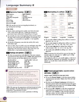 2
ED Wordbuilding(1):suffixesC~~)
verb I noun I adjective I adverb
mI Expressingfrequency(2A~p15)
lower frequency hi~her frequency
pref~r preferablyfrequently
more often than not
.most weeks
most of the time
real stically
re8allv
.convince .CO!},:!~c~gl~
weaken
critically
recognise Irecognition recognlsable I recognisably
.We can make verbs by adding thesesuffixes to nouns or
adjectives: -ate, -en,-ise.
.We canmake nouns by adding thesesuffixes to verbs or
adjectives: -ence,-ion, -ity, -ism, -ility, -ness,-ment.
.We can make adjectives by adding thesesuffixes to
verbs or nouns: -able, -ive, -aI, -ic, -ed, -ing, -ible.
.We usually make adverbs by adding -ly or -ally to
adjectives.
TIPS! .Sometimes the verb and the noun are the same, for
example, plan, test, need,run, etc.: I plan to go to college
next year. Thats a good plan.
.If an adjective ends in -e,we usually replace -e with -ly to
make the adverb: responsible -+ responsibly. If an adjective
ends in -ic, we add -ally to make the adverb: realistic -+ -
realistically.
r~rely f're;)li/ I
occ~sionally f;)'keI3;)ll;)1i/ I
s~ldom i
everyso often
oncein awhTle
..
everynowandagain
TIP! .We can also say most mornings/days/weekends,etc.:
I go running most mornings.
WORD ORDER
.Rarely, seldomand frequently usually come before the main
verb: I rarely drink coffeenow. I seldompay attention to
government reports aboutfood. I frequently go to thegym.
.Occasionally can come at the beginning of the sentence,before
the main verb or at the end of the sentence: Occasionally I eat
vegetables.= I occasionally eat vegetables.= I eat vegetables
occasionally.
.All adverbs of frequency come after the verb be: He:';rarely
homebeforeeight.
.Every so often, oncein a while, everynow and again, moreoften
than not, most weeksand most of the time can come at the
beginning or the end of the sentence:Most of the time I eat
healthyfood. = I eat healthyfood most of the time.
~ FeelingsandopinionsC~~~~)
.We often use prepositions with adjectives. The most common
prepositions for theseadjectives are in bold. Other prepositions
that we canalso use for theseadjectives~re in brackets.
terrified of (by) impressed by* (with, at)
fascinated by (with) aware of*
..excited about (by, at) famous for
satisfied with (by) fond of*
shocked by* (at) sure about (of)
disappointed in (by, with) sick of*
~ Presentandpasthabits,repeatedactions
andstates@~~
PRESENTHABITS,REPEATEDACTIONSAND STATES
.We use the Present Simple to talk about present habits,
repeated actions and states:I know what I like and I eat
what I like.
.We often use the Present Continuous with always to
talk about present habits and repeated actions that annoy
us or happen more than usual: My mom's always telling
me what I should and shouldn't eat.
.We canuse will + infinitive to talk about repeatedand
typical behaviour in the present: Every day when I get
homefrom work, I'll have a coffeeand half a packet of
chocolatecookies.We don't usually use this verb form
with state verbs for this meaning. .
TIPS! .We must use the prepositions with fond of and sick of for
these meanings. The other adjectives can be used without a
preposition: 1.was absolutely tenified.
.After prepositions we use a noun, a pronoun or verb+ing.
 