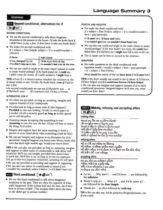 &II Secondconditional; alternatives for if
~ ~..-"""",
POSITIVEAND NEGATIVE
.We make the third conditional with:
if + subject + PastPerfect, subject + 'd (=would)/wouldn't +
have+ pastparticiple.
If I'd seen him, I'd have said hello.
If we hadn't got lost,we wouldn't have been late.
.We can also use could and might in the main clause to mean
'would perhaps'; If themen hadn't run away,shecould have
killed them.If it had beenme,I might haveleft a noteon thecar.
.The if clause canbe first or second in the sentence.
QUESTIONS
.We make questions in the third conditional with:
(question word) + would + subject + have+ pastparticiple...
+ if + subject + PastPerfect.
What would the owner of the carhave done if he'd seen him?
TIPS! .We don't usually use would in the if clause:If I'd known,
I'd have helped.not If 1 .:e~l1dha':e !:nelt, 1':' have helped.
.We can also use imagine and supposeinstead of if in third
conditional questions: Imagine/Supposehe'd seenyou, what
would you havedone?
...Making, refusing and accepting offers
-~ -,
...Would you like me to (come round)?
...Letme (give them a ring for you).
Would it h~lp if I (sorted it out for you)?
..,'.. .Why don t I (look after the kids)?
I'll (m~ke a b~d up for 'you), if you like.
Wh~t if I (pickedthe kidsup from scho.ol)?
refusing offers
No, it's OK, but th;nks for offering.
... ( .. )No,thanks. I'd better phone them myself.
No, don't worry. It'd be easier if (I bro.ughtthe kids b;ck h~re).
..,' .No, that s OK. I can manage.
acceptingoffers
...Areyou sureyou wouldn'tmind?
Thanks.That'dbe a greathelp.
Well,it'd bewonderfulifyoucould.
...Aslongasyou don't mind.
.Let me... , Why don't I... and I'd better... are followed by
the infinitive.
.Would it help if I ..., What if I ...and It'd be easierif I ...
are followed by the Past Simple.
.Thanks for. ..is often followed by verb+ing.
TIP! .We can also say: It'd begreaUnicelhelpful/fantastic, etc.
if you could.
ED
ThirdconditionalC3BB~
.We use the third conditional to talk about imaginary
situations in the past. They are often the opposite of what
really happened: If the woman had shot the men,she'd have
beenin serious trouble. (The woman didn't shoot the men,
so she didn't get in serious trouble.)
l3A ep23 )
SECOND CONDITIONAL
.We use the second conditional to talk about imaginary
situations in the presentor the future: I'd take the booksback if
I didn't haveto pay afine. (I don't haveto take any books back.)
.We make the second conditional with:
if + subject + PastSimple, subject + 'd (=would)/wouldn't +
infinitive
if clause mainclause
If theyclamped my car, I'd be stuckthereall day.
.Ifhe didn't stay upso late, hewouldn't feel tired all the time.
.We canusecould or might in the main clauseinstead of would
to mean'would perhaps':If the bankfound out,I could say
I didn't count the money.If I really neededit, I might keepit.
TIPS!.Even if = it doesn't matter whether the situation in the
if clause exists or not: I'd take the books back, even if I had to
pay afine.
.In second conditionals we can sayIf I/he/she/it was. ..or
If I/he/she/it were... : If I was/were rich, I'd buya Ferrari.
ALTERNATIVESFORIF
.We often use provided, as long as, assuming,imagine and
supposeinstead of if in conditionals.
.Provided and as long as mean 'only if (this happens)':
Provided no one was looking, I'd take as muchpaper as
I needed.I'd tell a security guard as long as he/sheagreed
not to call the police.
.Assuming means'accepting that something is true':
Assuming no oneelse saw the boy,I'd just tell him to return
the things he'd stolen.
.Imagine and supposehave the samemeaning (= form a
picture in your mind about what something could be like).
.We canuse imagine and supposeasan alternative for if in
questions: Imagine/Supposeyoufound somelibrary books that
weredueback eight months ago,would you return them?
TIPS!.We can also use provided, as long as,assuming,imagine
and supposein other types of conditionals to talk about real
situations: We'll seeyou tonight, provided Alex doesn'thave
to work late. We'll hire a car; as long asits not too expensive.
Letsgo to that niceJapanese restaurant, assumingits still open.
.We can sayprovided or providing and supposeor supposing.
.We can also use unlessin conditionals to mean if not:
I wouldn't hit somebodyunlessI had to. (= if I didn't have to).
<-3DDp28)
~aking offers --
 