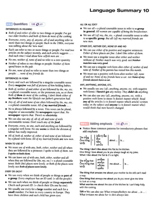 ALL OR ALL(OF)?
.We use all + a plural countable noun to refer to a group
in general: All women are capableof being the breadwinner.
.We use all (oj) my, the,etc. + plural countable noun to refer
to a specific group: But all (oj) my married friends are
new men.
EITHER (OF), NEITHER (OF), NONE OF AND NO
.We can use either ofin positive and negative sentences:
Either of theseplacesarefine. I don't like either of them.
.We must use a singular noun after either and neither
without of Neither match was very good. not ~~eitneF
matfnes ~.:asve;"j' geed.
.We canuse a singular verb form after either of, neitherof and
noneof Neither of hisparentshasvisited him thismonth.
.We must use a positive verb form after neither (oj), none
of and no: None of myfriends havea car. not !'!ene;;1 ~j'
j..-iendsdeesn'tna':ea faF.
ANY, ANYTHING, ANYONE, ETC.
.We usually use any (oj), anything, anyone,etc. with negative
verb forms: I haven't got any money.Theydidn't do anything.
.We can also use any (oj), anything, anyone,etc. with a
positive verb form to mean 'it doesn't matter which': Read
any of the articles (= it doesn't matter which article) written
today on the subject and anyone (= it doesn't matter who)
would think that men haven't changed.
EVERYOR EACH?
.We use every when we think of people or things as part of
a group: Every employee has an ID card. (= all the people).
.We use eachwhen we think of people or things separately:
Check eachpersonsID. (= check their IDs one by one).
.We usually use every for a large number and eachfor a
small number: I've beento every country in Europe. They
have three children and eachchild hasgreeneyes.
DIFFERENCESIN MEANING
.Both of and either of refer to two things or people: I've got
two older brothers and both of them do most of the cooking.
.Everyone, every, any of, anyone, all of and anything refer to
more than two things or people: Back in the 1980s, everyone
was talking about the 'new man'.
.Each can refer to two or more things or people: I've read two
articles on the subject recently, and each article suggests. ...
And each time 1 read about how selfish men are. ...
.No one, neither of, none of and no refer to a zero quantit)'
.Neither of refers to two things or people: Neither of them
spend hours in the pub,
.No one, none of and no refer to more than two things or
people: ...none of my friends do.
DIFFERENCESIN FORM
.Every and each are followed by a singular countable noun;
Every magazine was full of pictures of him holding babies,
.Both of, neither of and either of are followed by the, my, etc.
+ a plural countable noun, or the pronouns you, us or them:
Both of them do most of the cooking. 1 don't think either of
my brothers want the lifestyle our fathers generation had.
.Any of, all of and none of are often followed by the, my, etc.
+ a plural countable noun: All of my married friends.No is always followed by a noun. This noun can be plural,
singular or uncountable: No newspapers report that. No
newspaper reports that, Theres no electricity,
.We can also use any of, all of, all and none of with
uncountable nouns: Don't touch any of the food.
.Everyone, every, no one, each and anything are followed by
a singular verb form: No one seems to think the division of
labour has really improved.
.All of, both of, neither of, either of and none of are followed
by a plural verb form: All of my married friends are new men.
WHEN TO USEOF
.We must use of with any, both, either, neither and all when
they are followed by a pronoun: I spoke to both of them. not
l speRe ~e he~h ~hefli.
.We can leave out of with any, both, either, neither and all
when they are followed by (the, my, etc.) + a plural countable
noun: Both (the) places were lovely. or Both of the places were
lovely. not Be~h :::J plates ~':e;-:: l::::e!j'.
.Notice these common patterns for introductory phrases that
add emphasis:
..Th h! (don't) like
e t Ing ...love .
One thing I h.about ...IS ...
Wh.ateat !
admire
The thing I don't like about this flat is the kitchen.
One thing I love about you is you always laugh at my jokes.
What I like about the flat is it's so light.
.The thin that ama.zes
.!g annoys .
One thing that.. me about ...IS...
What worries
upsets
The thing that amazes me about your mother is she still can't read
a map.
One thing that annoys me about you is you never give me time
to look at a map.
What worries me about the size of the kitchen is I can't help Polly
with the cooking.
TIP! .We can also say What irritates/bothers me about is ...:
What irritates me about her is shes always late.
 