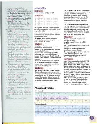 3 33% 4 70%
THE FALLING COW STORY Possiblytrue.
This storywasreportedby the ReutersNews
Agencyin April 1997andappearedin
newspapersallover the world. However,
manyurbanlegendwebsitesnow saythat
this storyis false,asa very similar story
hadappearedin the MoscowNewsseven
yearsearlier.
THE EXPLODING HOUSESTORYTrue.
This storyhappenedin December2003atthe
homeof awomannamedAureliaOliverasin
SanDiego,California.Luckily nobodywas
hurt in the explosionbecauseMrs Oliveras,
herhusbandand hertwo-year-olddaughter
werein the backgardenatthe time.
12-15 points You'rean extremelyhonest
and trustworthy person.Youprobablysleep
very well atnight!
8-11 points You'rereasonablyhonest,but
occasionallyyou think of yourself insteadof
doing the right thing.
5-7 points Wheredid you leaveyour
morals?Perhapsyou should try to be a bit
more honestin the future!
Poseasa live model The usualrate
is £7-£10 anhour.
Invigilate exams Between£8and£18
anhour.
Join a focus group Between£30 and£100
a session.
Take part in psychologicalresearch
Between£10and£60 asession.
Bea mystery shopper £8-£10 a visit, but
could be ashigh as£100 aday.
Let companiesadvertiseon your car
Between£70 and£220 a month.
Thejudges in thesereal-life court cases
handed downthesesentences.
Student A The postmanwassentto prison
for six and a halfyears.
StudentB The secretarywho stole£4.3
million wassentto prison for 16years.
StudentC The manwho illegally copied
and sold DVDswasgivena three-yearprison
sentence.
Student D The farmerwassentto prison
for life. However,his sentencewaslater
reducedto five years,andhe wasreleased
from prison afterthreeyears.
THE DEADKANGAROOSTORYNot true.
Therehavebeennumerousversionsof this
urbanlegendoverthe years,the firstappearing
in 1902(in this storythekangaroowashit by
a train).Therearealsodifferentversionsof
this storytold in othercountries.In the USA,
for example,the animalis usuallyadeer.
1 Art Convergence,Jackson Pollock (i952)
2 Art Black Bean,from Soup Can SeriesI,
Andy Warhol (1968) 3 Art Untitled, Mark
Rothko (1960-1961) 4 Art In Advanceof the
Broken Arm, Marc Duchamp (1915) 5 Not art
victim of the volcanic eruption, Pompeii, AD
79 6 Art A Glimpse of Hope, Rebecca
Warren (2003) 7 Not art weathercock from
a church, France 8 Not art model in a shop
window, Goa, India
9 Art Equivalent VIII, Carl Andre (1966)
10 Not art section of the Millau bridge,
France 11 Not art 'Split Apple Rock',
natural rock formation, New Zealand
12 Not art picture painted by an elephant
PhonemicSymbols
Vowelsounds
Consonantsounds
 