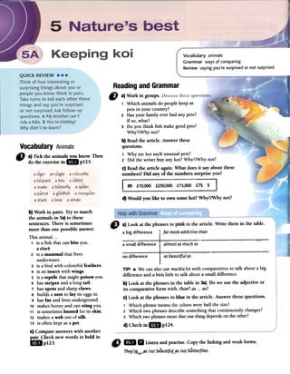 Vocabulary animals
Grammar ways of comparing
Review saying you're surprised or not surprised
Vocabulary Animals
" a)Ticktheanimals~ know.Then
dotheexerciseinE8P123.
Readingand Grammar
aLmost as much asa small difference
asbeautifuL asno difference
TIP! .We canalsousemuch/alot with comparativesto talk abouta big
differenceand a bit/alittle to talk abouta smalldifference.
b) Look at the phrasesin the table in 3a).Do we use the adjective or
..c . h th '1 '1lts comparative lorm Wlt: anoas...as.
C)Look at the phrasesin blue in the article. Answer thesequestions.
1 Which phrasemeansthe otherswerehalf the size?
2 Which two phrasesdescribesomethingthat continuouslychanges?
3 Which two phrasesmeanthatonethingdependsontheother?
d) Checkinlmpl24.
b) Work in pairso Try to match
fue animals in 1a)to fuese
sentenceso There is sometimes
more than one possible answero
This animal 000
1 is a fish that can bite you.
a shark
2 is a mammal that lives
underwater.
3 is a bird with colourful feathers.
4 is an insect with wings.
5 is a reptile that might poison YOUo
6 has stripes and a long tall.
7 has spots and sharp clawso
8 builds a nest to lay its eggsin.
9 has fnr and lives underground.
10 makes honey and can sting you.
11 is sometimes hnnted for its skin.
12 makes a web out of silk.
13 is often kept as a peto
c) Compare answers with another
~ Check new words in bold in
"pUJ. CJ' mi. Listenandpractise.Copythelinkingandweakforros.
They'@¡rrfts/~Z/beautifuLas/~Z/bútterfLies.
a tiger an e.agle a crocodile
a leopard a bee a rabbit
..a snake a butterfly a spider
a parrot a goldfish a mosquito
a shark a bear a whale
CJ a) Work in groups. :
1 Which animalsdo peoplekeepas
petsin your country?
2 Hasyour family everhad anypets?
If so,what?
3 Do you think fish makegoodpets?
Why?/Whynot?
b) Readthe article. Answer these
questions.
1 Why are koi suchunusualpets?
2 Did the writer buy anykoi? Why?/Whynot?
c) Readthe article again. What does it say about these
numbers?Did any ofthe numbers surprise ron?
[~~~~~~~~~~~~~~~~~~~~~~~~J
d) Would you like to own somekoi? Why?/Why not?
a big difference far more addictive than
 
