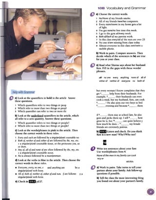 Vocabulary and Grammar
a) Choose the correct words.
1 No/None of my friends smoke.
2 All of my friends have/hascomputers.
3 Every room/rooms in my home gets a lot
of light.
4 I've got none/no free time this week.
S I go to the gym all/every week.
6 Bothof/Eachof my parents work.
7 In this class every/allof the men are over 25.
8 No one is/are missing from class today.
9 Almost everyone in this class own/owns a
mobile phone.
b) Work in pairs. Compare answers. Then
decide which of the sentences in Sa)are true
for you or your class.
a) Readwhat Sheenasaysabout herhusband,
Ken. Fill in the gaps with these words/
phrases.
anything none of all of
f everyone no both of
~
no one every
either of neither 0
but every woman I know complains that they
get 2 help from their husbands. For
example, 3 their husbands can even
cook a meal, but my husband, Ken, can cook
4 ! He also puts our two boys to bed
5 evening and because 6 them
!nswe
a) Look at the quantifiers in bold in the article
thesequestions.
1 Which quantifiers referto two things or peop
2 Which referto more thantwo things or peopl
3 Which quantifier can referto two or more thi
if 8 them stay at school late, he also
goes and picks them up. I tell 9 how
great he is, but 1° can quite believe jl
how much he does -11 my female
friends are extremely jealous.
b) mil Listen and check. Do you think
Ken is a new man? Why?/Why not?
I
~
b) Look at the underlined quantifiers in the article, which
all refer to a zero quantity. Answer thesequestions.
, Which quantifier refersto two things or people?
2 Which referto more thantwo things or people?
c) Look at the words/phrases in pink in the article. Then
choosethe correct words in theserules.
, Everyand eacharefollowed byasingular/pluralcountableno!
2 Bothof,neitherof and eitherof arefollowed by the,my,etc.
+ asingular/pluralcountablenoun, or the pronounsyou,us
or them.
3 Anyof,all ofand noneof are oftenfollowed by the,my,etc
+ asingular/pluralcountablenoun.
4 Nois alwaysfollowed by anoun/pronoun.
Write
ten sentencesabout your rami
Usewords/phrases from 4.
None of the men in my family can cook
lery w.
d) Look at the verbs in blue in the article. Then choosethe
correctwords in theserules.
'atchim
by a
and
anythingare
either of and non,
if
are followe
ya
a) Work in pairs. Take turns to tell your
partner about your family. Ask follow-up
questions if possible.
b) Tell the classthe most interesting thing
you found out about your partner's family.
.Everyone, every, no one, e
singular/plural verb form.
.All of, both of, neither of,
singular/plural verb form.
e) Checkin mrB 1 7.p13
 