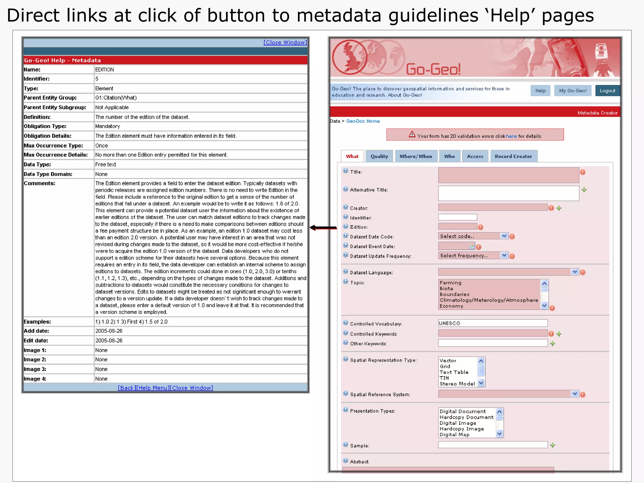 Direct links at click of button to metadata guidelines ‘Help’ pages  