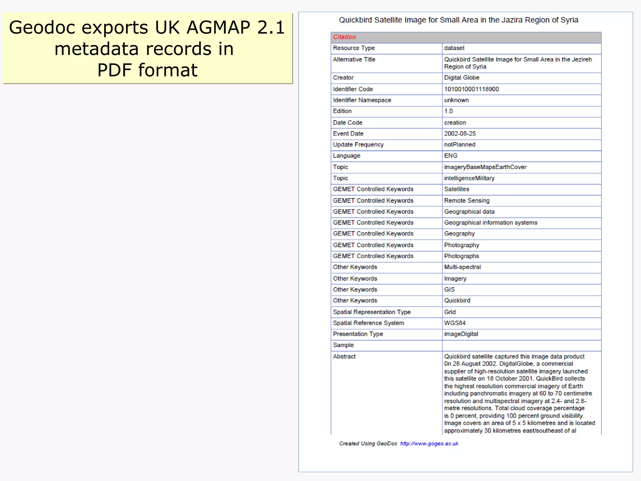 Geodoc exports UK AGMAP 2.1 metadata records in  PDF format 
