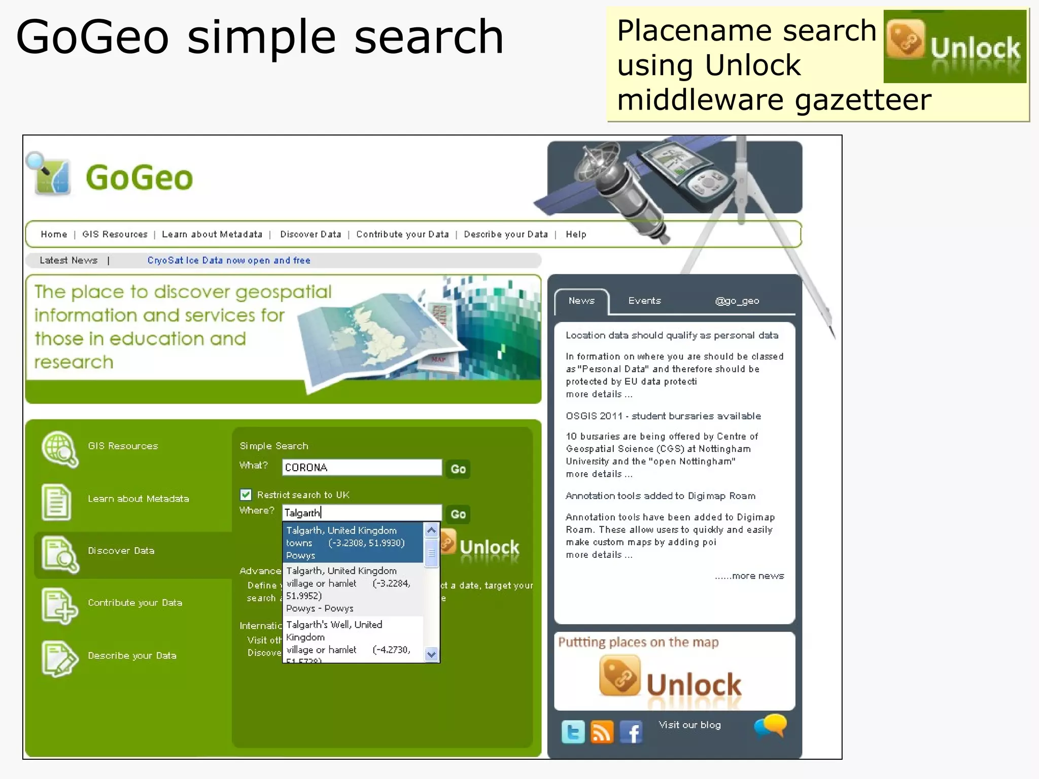 GoGeo simple search Placename search  using Unlock  middleware gazetteer 