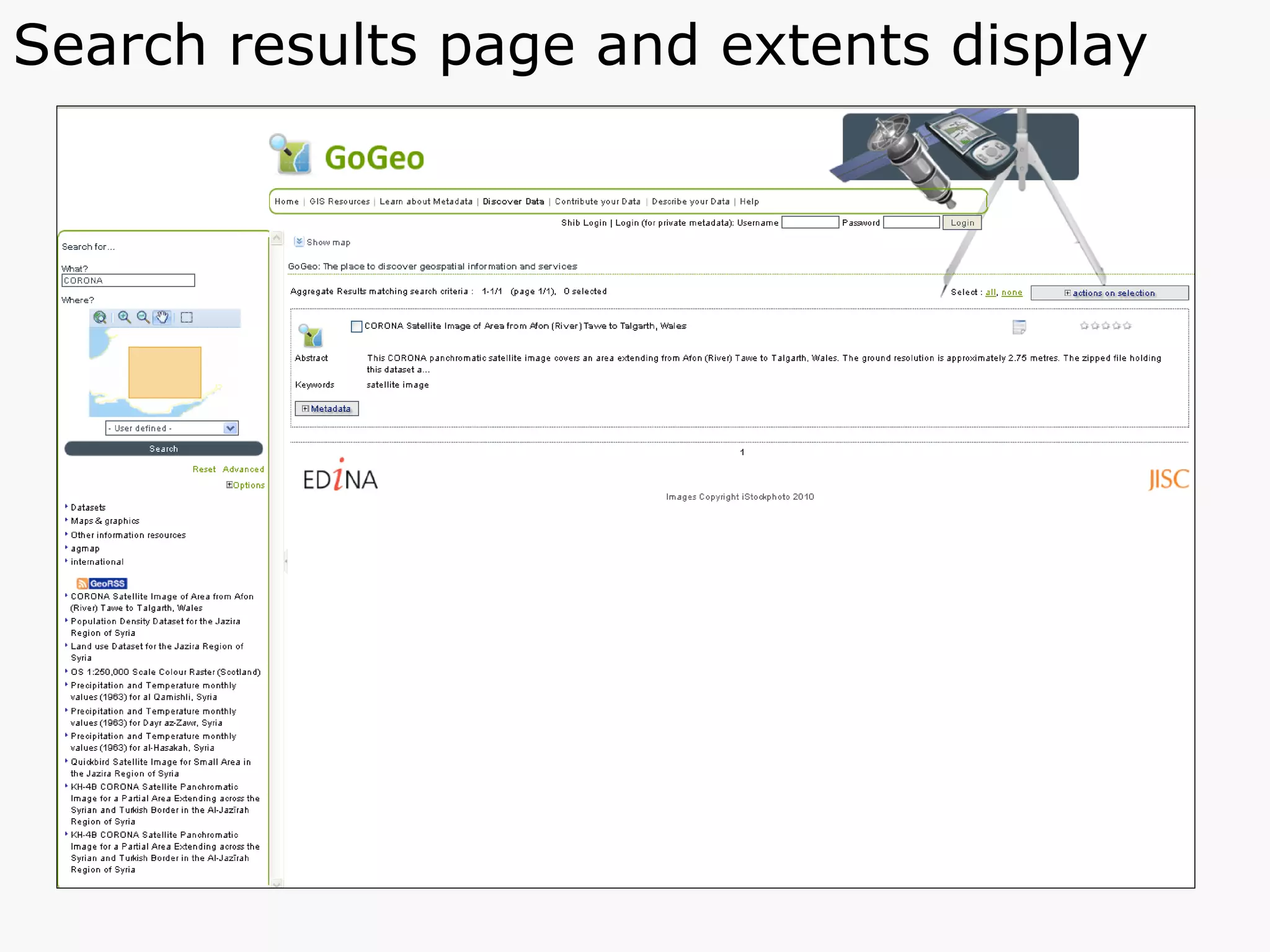 Search results page and extents display 