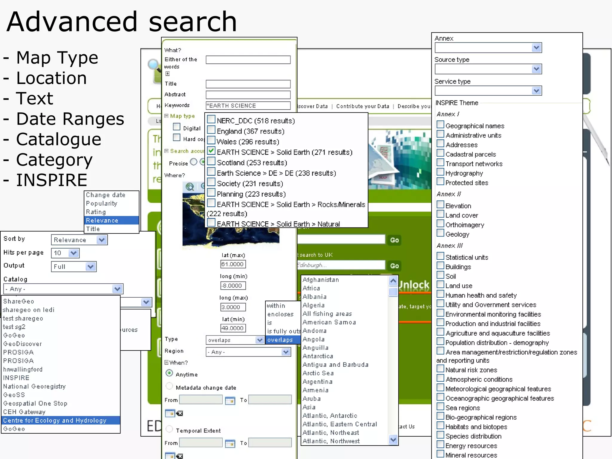 Advanced search - Map Type - Location - Text Date Ranges Catalogue Category INSPIRE 