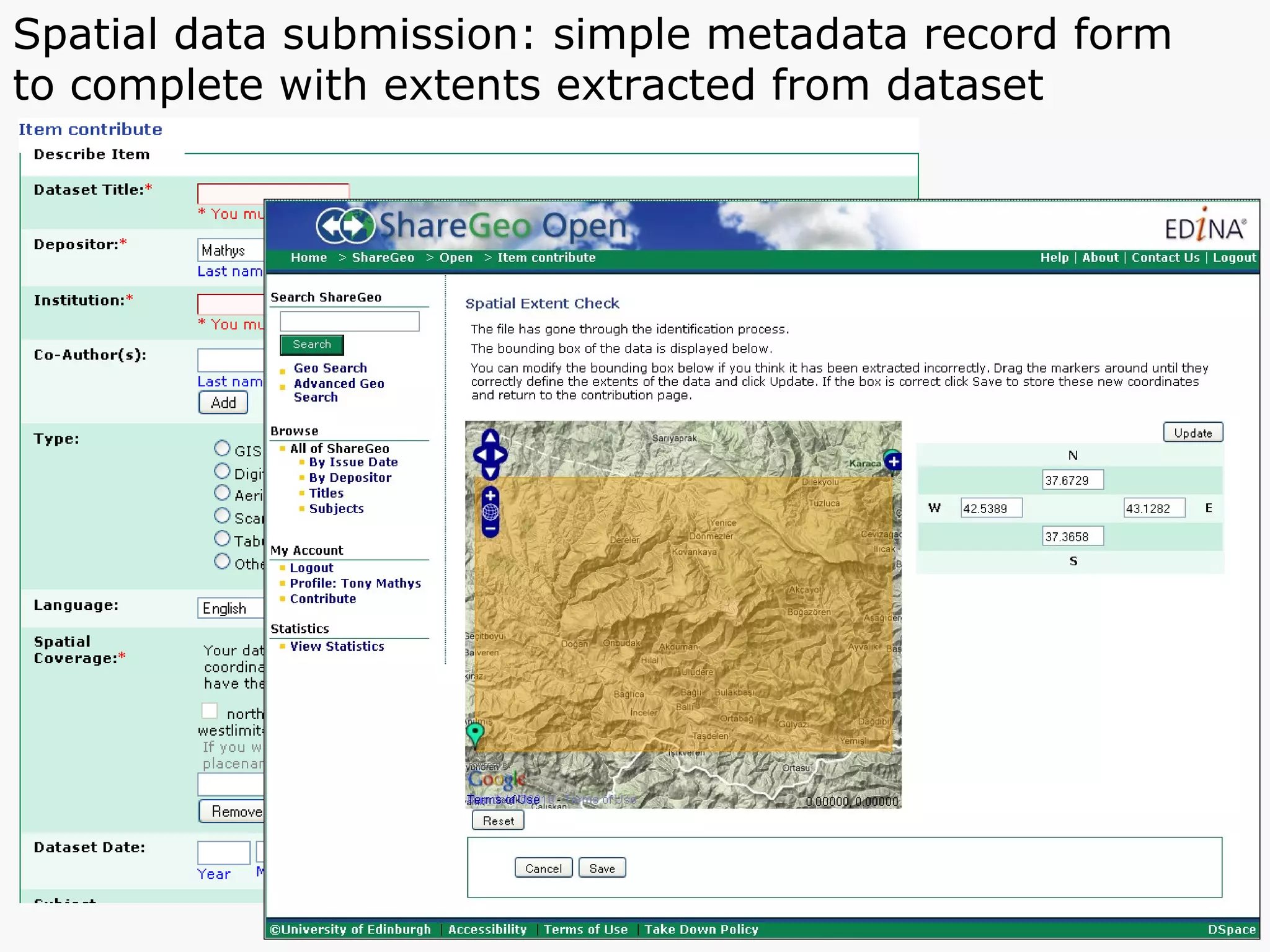 Spatial data submission: simple metadata record form to complete with extents extracted from dataset 