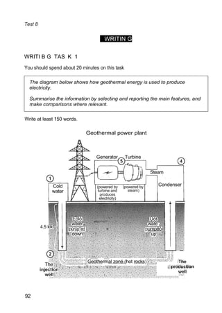 The diagram below shows how geothermal energy is used to produce
electricity.
Summarise the information by selecting and reporting the main features, and
make comparisons where relevant.
Test 8
WRITIN G
WRITI B G TAS K 1
You should spend about 20 minutes on this task
Write at least 150 words.
Geothermal power plant
92
Geothermal zoné.(hot rocks)
The
up
down
umpéó
wate
p
úrúp”ed
water
p
4.5 kiki
Üót
Eóló
Condenser
(powered by
steam)
(powered by
turbine and
produces
electricity)
Cold
water
Steam
Generator Turbine
 
