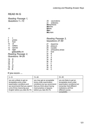 Listening and Reading Answer Keys
READ IN G
Reading Passage 1,
Questions 1—13 20 vaccinations
21 antibiotics
22
mosquito(e)s
23
factories
viii 24
forests
25
Polio
26
mountain
7 ii
8 pirates
9 food
10 oil
11 settlers
12 species
13 eggs
giasuieIts.vn
Reading Passage 2,
Questions 1#-26
14 D
15 C
16 F
17 G
18 D
19 B
Reading Passage 3,
Questions 27-40
27 dopamine
28 pleasure
29 caudate
30 anticipatory phase
31 food
32 B
33 C
34 A
35 B
36 D
37 F
38 B
39 E
40 C
121
0—14 15—24 25—40
you are unlikely to get an
acceptable score under
examination conditions and
we recommend that you spend
a lot of time improving your
English before you take iELTS.
you may get an acceptable
score under examination
conditions but we recommend
that you think about having
more practice or lessons
before you take IELTS.
you are likely to get an
acceptable score under
examination conditions but
remember that different
institutions will find
different scores
acceptable.
 