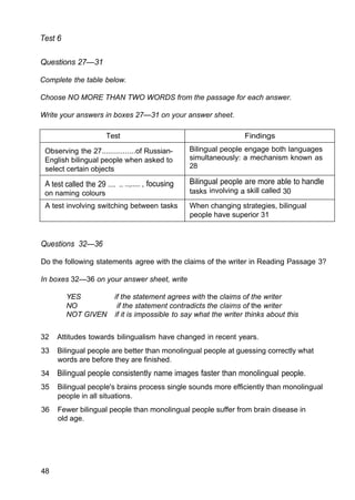 Test 6
Questions 27—31
Complete the table below.
Choose NO MORE THAN TWO WORDS from the passage for each answer.
Write your answers in boxes 27—31 on your answer sheet.
Test Findings
Observing the 27................of Russian-
English bilingual people when asked to
select certain objects
Bilingual people engage both languages
simultaneously: a mechanism known as
28
A test called the 29 .... .. ..,..... , focusing
on naming colours
Bilingual people are more able to handle
tasks involving a skill called 30
A test involving switching between tasks When changing strategies, bilingual
people have superior 31
Questions 32—36
Do the following statements agree with the claims of the writer in Reading Passage 3?
In boxes 32—36 on your answer sheet, write
YES if the statement agrees with the claims of the writer
NO if the statement contradicts the claims of the writer
NOT GIVEN if it is impossible to say what the writer thinks about this
32 Attitudes towards bilingualism have changed in recent years.
33 Bilingual people are better than monolingual people at guessing correctly what
words are before they are finished.
34 Bilingual people consistently name images faster than monolingual people.
35 Bilingual people's brains process single sounds more efficiently than monolingual
people in all situations.
36 Fewer bilingual people than monolingual people suffer from brain disease in
old age.
48
 