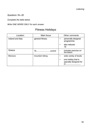 Listening
Questions 18—20
Complete the table below.
Write ONE WORD ONLY for each answer.
Fitness Holidays
Location Main focus Other comments
Ireland and Italy general fitness • personally designed
programme
• also reduces
18
Greece 19..........................control ' includes exercise on
the beach
Morocco mountain biking • wide variety of levels
• one holiday that is
specially designed for
20 .....................................
55
 