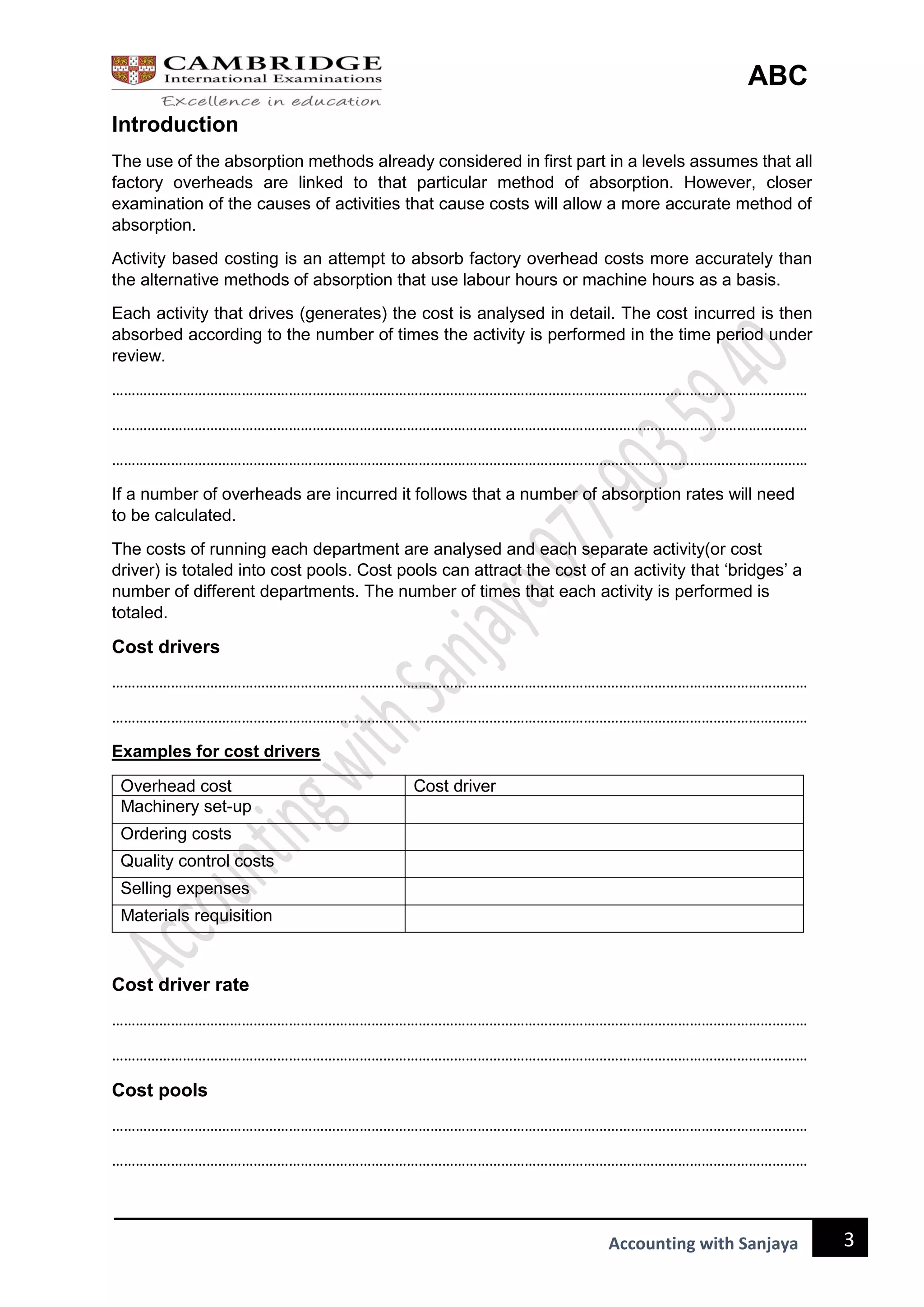 Cambridge a level Activity Based Costing (ABC) | PDF