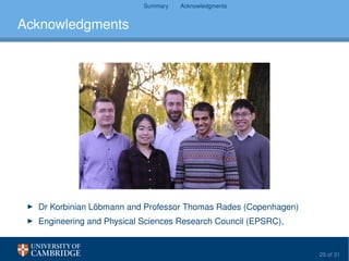 Summary Acknowledgments
Acknowledgments
Dr Korbinian Löbmann and Professor Thomas Rades (Copenhagen)
U.K. Engineering and Physical Sciences Research Council (EPSRC,
EP/J007803/1)
29 of 31
 