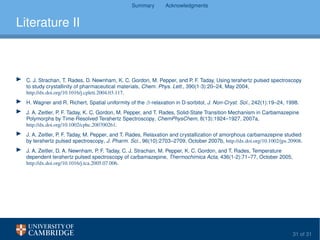 Summary Acknowledgments
Literature II
C. J. Strachan, T. Rades, D. Newnham, K. C. Gordon, M. Pepper, and P. F. Taday, Using terahertz pulsed spectroscopy
to study crystallinity of pharmaceutical materials, Chem. Phys. Lett., 390(1-3):20–24, May 2004,
http://dx.doi.org/10.1016/j.cplett.2004.03.117.
H. Wagner and R. Richert, Spatial uniformity of the β-relaxation in D-sorbitol, J. Non-Cryst. Sol., 242(1):19–24, 1998.
J. A. Zeitler, P. F. Taday, K. C. Gordon, M. Pepper, and T. Rades, Solid-State Transition Mechanism in Carbamazepine
Polymorphs by Time-Resolved Terahertz Spectroscopy, ChemPhysChem, 8(13):1924–1927, 2007a,
http://dx.doi.org/10.1002/cphc.200700261.
J. A. Zeitler, P. F. Taday, M. Pepper, and T. Rades, Relaxation and crystallization of amorphous carbamazepine studied
by terahertz pulsed spectroscopy, J. Pharm. Sci., 96(10):2703–2709, October 2007b, http://dx.doi.org/10.1002/jps.20908.
J. A. Zeitler, D. A. Newnham, P. F. Taday, C. J. Strachan, M. Pepper, K. C. Gordon, and T. Rades, Temperature
dependent terahertz pulsed spectroscopy of carbamazepine, Thermochimica Acta, 436(1-2):71–77, October 2005,
http://dx.doi.org/10.1016/j.tca.2005.07.006.
31 of 31
 