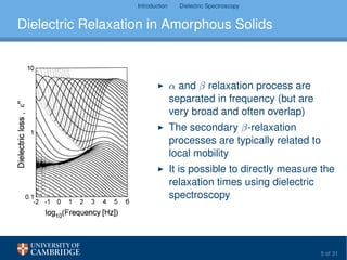 Introduction Dielectric Spectroscopy
Dielectric Relaxation in Amorphous Solids
α and β relaxation process are
separated in frequency (but are
very broad and often overlap)
The secondary β-relaxation
processes are typically related to
local mobility
It is possible to directly measure the
relaxation times using dielectric
spectroscopy
H. Wagner, R. Richert, J. Non-Cryst. Sol. 242, 19 (1998).
S. Bhattacharya, R. Suryanarayanan, 98, 2935 (2009). 5 of 31
 