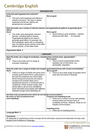 ORGANISATION
Is the text well organised and coherent?
Good Not so good
• The text is well organised and follows a
coherent structure. The topic is clearly
explained and the two options are
presented and compared.
Does the writer use a variety of cohesive devices and organisational patterns to generally good
effect?
Good Not so good
• The writer uses appropriate cohesive
devices, including relative clauses.
Organisational patterns are used to
generally good effect, for example, the
third paragraph opens with a contrasting
idea, but places sports centres at the start:
Sports centres, on the other hand.
• Some linking is quite simplistic – starting
sentences with Also, … for example.
Organisation Mark: 3
LANGUAGE
Does the writer use a range of vocabulary, including less common lexis, appropriately?
Good Not so good
• There is accurate use of a range of
everyday vocabulary.
• There is some inappropriate and/or
repeated use of some lexis, e.g.
excessable, education.
Does the writer use a range of simple and complex grammatical forms with control and flexibility?
Good Not so good?
• There is a range of simple and some more
complex grammatical forms, particularly in
the way the sentences are constructed.
Some compound structures are used to
compare and contrast ideas and a
hypothetical situation is introduced with a
conditional: If they receive money, they
will be able to set up more exhibitions,
which will atract more people with different
interests and get more interesting art.
• There is not a wide range of complex forms
used with full control or flexibility.
Are there only occasional errors which do not impede communication?
No errors or only occasional errors
(non-impeding)
Frequent non-impeding errors
• There are a number of errors with spelling,
missing verbs and wrong choice of
vocabulary at times. However, these do not
impede communication.
Impeding errors
• There are no impeding errors.
Language Mark: 2
Comments:
An adequate C1 performance which conveys all the information required and addresses the topic well,
despite some limitations in language.
© UCLES 2016. For further information see our Terms and Conditions.
8
 
