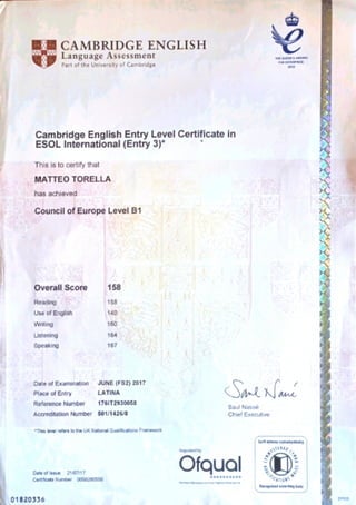Certificato Cambridge livello B1 (PET)