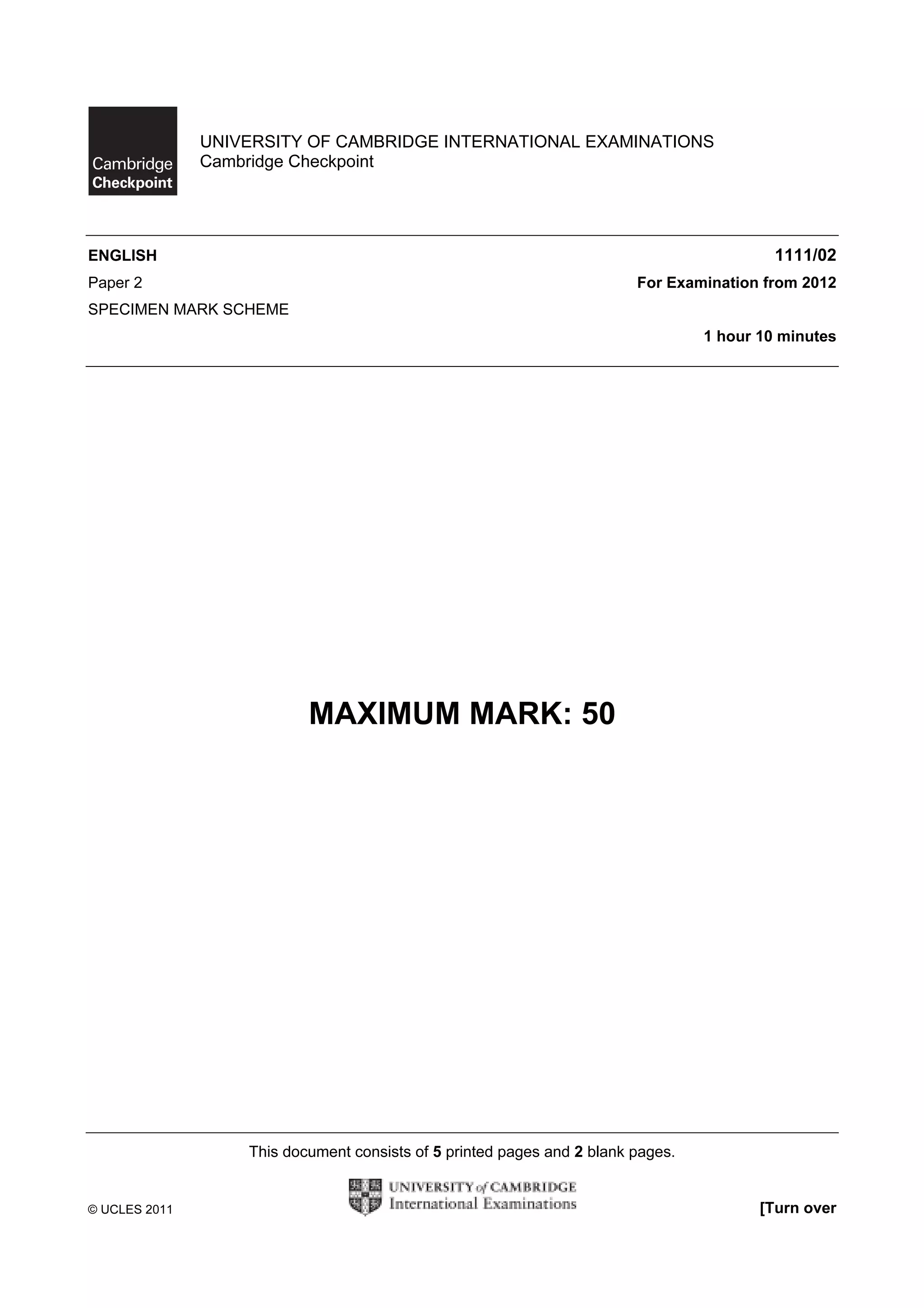 Cambridge Checkpoint English P2 Specimen Mark Scheme 2012 Pdf Cambridge Checkpoint English P2 Specimen Mark Scheme 2012 Pdf