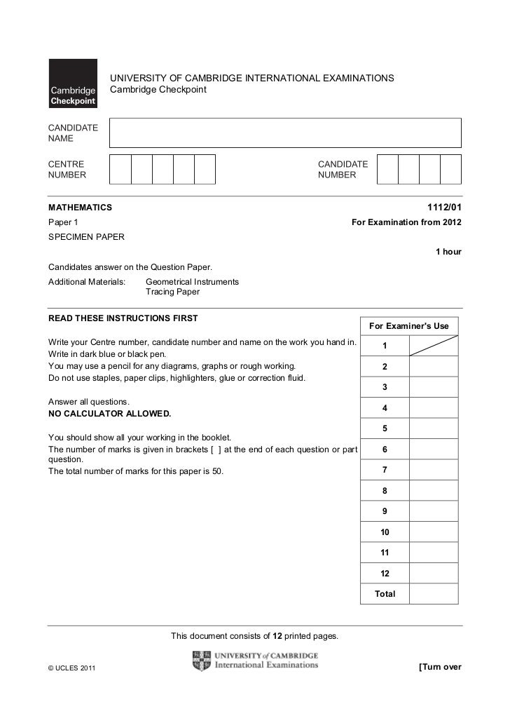 english coursebook cambridge 9 checkpoint checkpoint Cambridge 2012 maths specimen p1