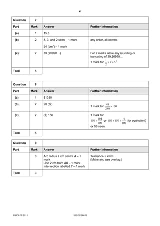 4

Question         7

Part           Mark   Answer                                Further Information

 (a)             1    15.6

 (b)             2    4, 3 and 2 seen – 1 mark              any order, all correct

                      24 (cm3) – 1 mark

 (c)             2    39.(26990…)                           For 2 marks allow any rounding or
                                                            truncating of 39.26990…
                                                                        1
                                                            1 mark for × π × 5 2
                                                                        2

Total            5



Question         8

Part           Mark   Answer                                Further Information

 (a)             1    $1380

 (b)             2    20 (%)                                              48
                                                            1 mark for       × 100
                                                                         240

 (c)             2    ($) 156                               1 mark for
                                                                  104                 4
                                                            150 ×     or 150 + 150 ×     [or equivalent]
                                                                  100                100
                                                            or $6 seen

Total            5


Question         9

Part           Mark   Answer                                Further Information

                 3    Arc radius 7 cm centre A – 1          Tolerance ± 2mm
                      mark                                  (Make and use overlay.)
                      Line 2 cm from AB – 1 mark
                      Intersection labelled T – 1 mark

Total            3




© UCLES 2011                                1112/02/SM/12
 