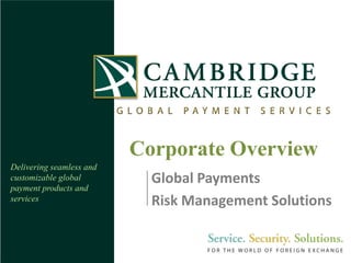 Corporate Overview
Delivering seamless and
customizable global         Global Payments
payment products and
services                    Risk Management Solutions
 