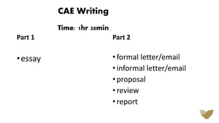 CAE Writing
Time: 1hr 30min
Part 1
•essay
Part 2
•formal letter/email
•informal letter/email
•proposal
•review
•report
 