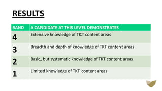 RESULTS
BAND A CANDIDATE AT THIS LEVEL DEMONSTRATES
4 Extensive knowledge of TKT content areas
3 Breadth and depth of knowledge of TKT content areas
2 Basic, but systematic knowledge of TKT content areas
1 Limited knowledge of TKT content areas
 