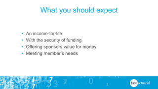 What you should expect
• An income-for-life
• With the security of funding
• Offering sponsors value for money
• Meeting m...