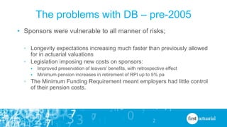The problems with DB – pre-2005
• Sponsors were vulnerable to all manner of risks;
◦ Longevity expectations increasing muc...