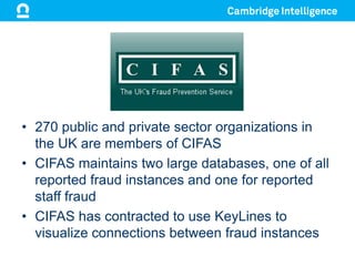 • 270 public and private sector organizations in
the UK are members of CIFAS
• CIFAS maintains two large databases, one of all
reported fraud instances and one for reported
staff fraud
• CIFAS has contracted to use KeyLines to
visualize connections between fraud instances
 