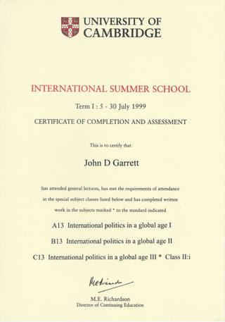 Cambridge International Summer School - 1st term certificate