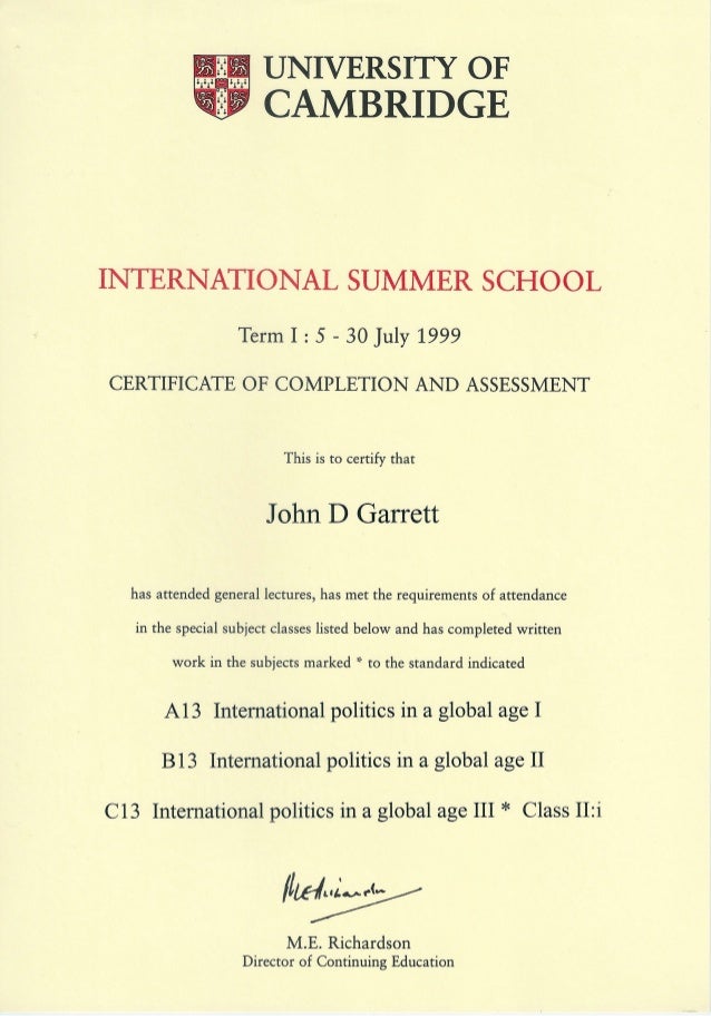 Cambridge International Summer School 1st term certificate Cambridge International Summer School 1st term certificate