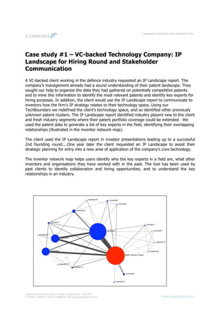 Case study #1 – VC-backed Technology Company: IP
Landscape for Hiring Round and Stakeholder
Communication
A VC-backed client working in the defence industry requested an IP Landscape report. The
company’s management already had a sound understanding of their patent landscape. They
sought our help to organise the data they had gathered on potentially competitive patents
and to mine this information to identify the most relevant patents and identify key experts for
hiring purposes. In addition, the client would use the IP Landscape report to communicate to
investors how the firm’s IP strategy relates to their technology space. Using our
TechBoundary we redefined the client’s technology space, and so identified other previously
unknown patent clusters. The IP Landscape report identified industry players new to the client
and fresh industry segments where their patent portfolio coverage could be extended. We
used the patent data to generate a list of key experts in the field, identifying their overlapping
relationships (illustrated in the inventor network map).

The client used the IP Landscape report in investor presentations leading up to a successful
2nd founding round....One year later the client requested an IP Landscape to assist their
strategic planning for entry into a new area of application of the company’s core technology.

The inventor network map helps users identify who the key experts in a field are, what other
inventors and organisations they have worked with in the past. The tool has been used by
past clients to identify collaboration and hiring opportunities, and to understand the key
relationships in an industry.
 
