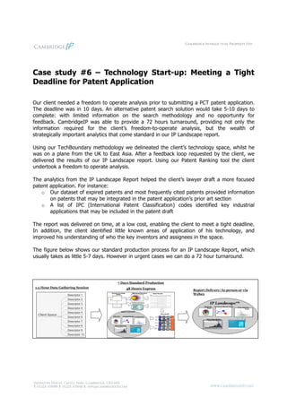 Case study #6 – Technology Start-up: Meeting a Tight
Deadline for Patent Application

Our client needed a freedom to operate analysis prior to submitting a PCT patent application.
The deadline was in 10 days. An alternative patent search solution would take 5-10 days to
complete: with limited information on the search methodology and no opportunity for
feedback. CambridgeIP was able to provide a 72 hours turnaround, providing not only the
information required for the client’s freedom-to-operate analysis, but the wealth of
strategically important analytics that come standard in our IP Landscape report.

Using our TechBoundary methodology we delineated the client’s technology space, whilst he
was on a plane from the UK to East Asia. After a feedback loop requested by the client, we
delivered the results of our IP Landscape report. Using our Patent Ranking tool the client
undertook a freedom to operate analysis.

The analytics from the IP Landscape Report helped the client’s lawyer draft a more focused
patent application. For instance:
   o Our dataset of expired patents and most frequently cited patents provided information
       on patents that may be integrated in the patent application’s prior art section
   o A list of IPC (International Patent Classification) codes identified key industrial
       applications that may be included in the patent draft

The report was delivered on time, at a low cost, enabling the client to meet a tight deadline.
In addition, the client identified little known areas of application of his technology, and
improved his understanding of who the key inventors and assignees in the space.

The figure below shows our standard production process for an IP Landscape Report, which
usually takes as little 5-7 days. However in urgent cases we can do a 72 hour turnaround.
 
