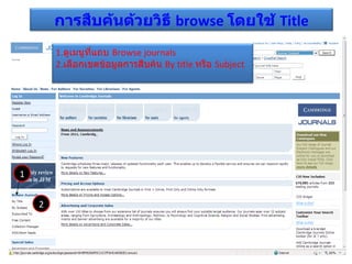 1 2 1. ดูเมนูที่แถบ  Browse journals 2. เลือกเขตข้อมูลการสืบค้น  By title  หรือ  Subject การสืบค้นด้วยวิธี  browse   โดยใช้  Title 