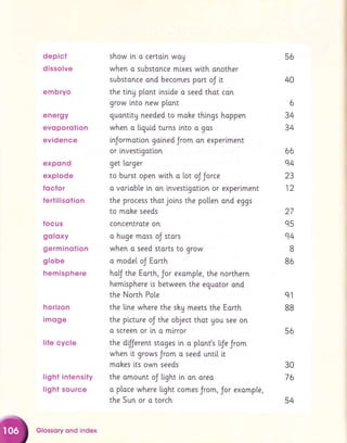 depict
dissolve
embryo
energy
evo porotion
evidence
expo nd
explode
foclor
fertilisotion
focus
goloxy
germ inotion
globe
hemisphere
horizon
imoge
life cycle
light intensity
light source
show [n a certain wag
when o substonce mtxes with onother
substance ond becomes part oJ it
the tiny plant inside a seed thot con
grow into new plant
guontitu needed to mahe things hoppen
when o ligutd turns lnto o gos
inJormotion galned Jrom on experiment
or tnvestlgotion
get l"orger
to burst open with o lot oJ Jorce
o vorioble in on lnvestlgotlon or experiment
the process thot jolns the po[[en and eggs
to mohe seeds
concentrote on
o huge moss oJ stors
when a seed starts to grow
o model oJ Earth
ho$ the Eorth, Jor example, the northern
hemisphere i.s between the equotor ond
the North Pote
the [[ne where the shg meets the Eorth
the ptcture oJ the object thot Uou see on
o screen or [n o mlrror
the d{ferent stoges [n o plont's l"fe Jrom
when i,t grows Jrom o seed until i.t
mokes lts own seeds
the omount oJ Light in on oreo
a p[oce where light comes Jrom, Jor example,
the Sun or o torch
56
40
6
34
34
66
q4
23
12
27
q5
q4
B
86
q1
BB
56
30
76
54
Glossory qnd index
 
