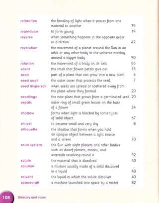 ref roction
reproduce
reverse
revolution
rototion
scent
seed
seed coot
seed dispersol
seedlings
sepols
shodow
shrlvel
silhouette
solqr system
solute
solution
solvent
spocecroft
"J
the plont where they Jormed
the new plant thot grows Jrom a germinoted
outer ring oJ smo[[ green [eoves on the base
oJ a Jtower
Jorms when light is blocked by some tgpes
oJ sotid object
to become smatl and very drg
the shadow thot Jorms when you hold
on opogue object between o tight source
and o screen
the Sun with etght plonets and other bodies
such as dwarJ plonets, moons, and
osteroids revo[vtng round lt
the materiol thot is dissotved
o mlxture usuallg mode oJ a solid dlssotved
i,n a llquid
the ltguid in which the solute dlssolves
70
when something hoppens [n the opposlte order
the bendtng oJ light when [t posses Jrom one
moterlol to onother
to Jorm Uoung
or dlrection
the movement
the movement oJ a ptonet around the Sun [n on
orbit or onu other body [n the unlverse movlng
pIonet around the Sun
around a bigger bodg q0
the movement oJ o bodg on lts oxls 86
the smetl thot flower petals gtve out 18
port oJ o plant thot can grow lnto o new plont 6
the outer cover that protects the seed 7
when seeds ore spreod or scottered awog Jrom
7q
1q
42
20
seed 20
24
67
B
q2
40
40
40
82
Glossory ond index
a mochine lounched into spoce bU o rochet
 