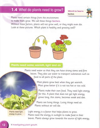 Ptonts need certoin things Jrom the envlronment
to moke them grow. We co[[ these things focfors.
Without these Joctors, plonts w[[[ not grow we[[, or theg
Looh ot these plctures. Whtch plant is healthg and growi.ng we[[?
Plonts need woter so that they can hove strong
[eoves. They olso use woter to tronsport s
Jood to a[[ parts oJ the plant.
mtght even dle.
stems and frrm
ubstances such as
Most plonts grow best when they get wormth.
Most grow better iJ it is not too hot or too co[d.
Ptonts mahe their own Jood. They need li.ght energy
Jor this. A plant that does not get li.ght energg
grows [ong, thln stems, becomes weoh ond d[es.
Ptonts are living thtngs. Llving things need oir.
Plonrs without air wi[[ die.
Plants need'light
energy to grow.
Light energg is a Jactor that hetps plants ro grow.
Plonts need the energy in sunllght to mohe Jood in thelr
[eaves. Plonts olways grow towards the source oJ tight energU.
I lnvestigoting plont growth
 