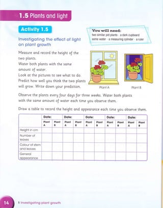 lnvestigoting the effect of liEht
on plont growth
Measure o.nd record the hetght oJ the
two plonts.
Water both plants with the some
omount oJ woter.
Looh ot the pictures to see whot to do.
Predlct how we[[ gou thi.nh the two plonts
wi[[ grow. Write down Uour predictlon.
Observe the plonts everu Jour dags Jor three weehs. Woter both plonts
wi.th the same omount oJ water eoch time you observe them.
Plont B
Plont A
Drow o toble to record the height and oppeoronce each ti.me Uou observe them.
Height in cm
PIont ! RIont
A iB
Plqnl
1*"._
Colour of stem
ond leoves
Generol
oooeoronce
I lnvestigoting plont growth
 