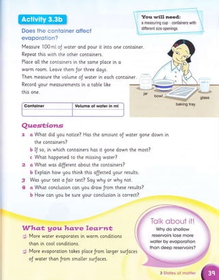 Does the contoiner offect
evoporotion?
Meosure 100 mt oJ woter and pour it into one contalner.
Repeat this with the other contoiners.
Ptoce o[[ the contolners in the some place [n o
worm room. Leove them Jor three dags.
Thenmeosurethevo[umeoJwoterineochcontoiner.
Record Uour meosurements [n o tab[e like
thls one.
*--s-
' bowl
Conlqiner 4 Volume of wqler in ml
3
tt
baking tray
Questiotrs
t a Whot did gou notlce? Has the omount oJ water gone down in
the contolners?
b IJ so, in which contolners hos it gone down the most?
c Whot hoppened to the mlsslng woter?
o, What was dijjerent obout the contoiners?
b Explain how gou thi.nh this ojjected your resutts.
Was your test a Joir test? Sag why or whg not.
o Whot conctuslon con you draw Jrom these resutts?
b How con Uou be sure Uour concluslon [s correct?
Whq* Aouhq:ve leq.rnt
y.$' More woter evoporotes [n worm condltions
thon in cool condttlons.
i$ More evoporotlon tohes ploce Jrom l.orger surJoces
oJ woter thon Jrom smotler surJoces.
3 Stqtes of motter
 