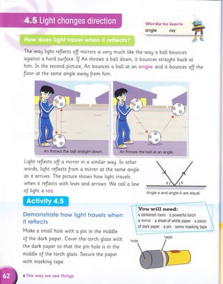 ffe*
ff
ffi
.:. &
EJ-- tl:
...-.. :.'.:-. .;...-::..::;:1.:,:;:.:.:: "- . : - -.
';4:t'::;;:;;,i;: ,,i.; -;,.;;:,1,:;,;11;j:.:1i'i.:;i,.:.i:,
..,,-;..,;;:-,1,,.,,.1.,..:..,: .,.,,,
The'way ttght reJtects olf mlrrors is very much like
ogainst a hard surJace. IJ An rhrows o bo[[ down,
hlm. In the second picture, An bounces o bo[[ at on ongte ond it bounces ojj the
floor ot the some ong[e owog Jrom him.
Light reflects oJJ o mirror in a simllor woy. In other
words, tight reJtects Jrom o mlrror at the some ang[e
os lt orrlves. The plcture shows how light trovels
when it reflects with ltnes and orrows. We co[[ a line
oJ tight o rcy.
Dennonstrote how light trovels when
it reflects
Mohe o smo[[ hote wlth o pin i.n the middl"e
oJ the darh poper. Cover the torch glass wtth
the darh poper so thot the pin hole is in the
middte oJ the torch g[oss. Secure the poper
with moshing tope.
4 The wqy we see things
--l
Words *olearw
ongle rqy
the woy o bo[[ bounces
it bounces strai.ght bach ot
Angle a and angle b are equal.
 