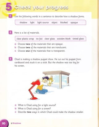 Hr
*
m
Use the Jotlowing words [n a sentence to describe how o shodow Jorms.
shadow ltght light source object bloched opogue
1 , A P 6h f & 6S P ^ ,q-qq
1 f r h
,l V*. ** t*u.a."r #'"d*1"
d*M
re
ffi Here is a list oJ materiols.
Chod ts mohtng o shadow
cqrdboord ond stuch [t on
hls screen.
ctear p[ostlc wrop tin Joil. cleor gtoss wooden btock tlnted gloss
Choose two oJ the materiots that ore opogue.
Choose two oJ the motertals that are translucent.
Choose one oJ the moteri.ols that ls tronsporent.
b
G
puppet show. He cut out hts puppet Jrom
q stlch. But the shodow wos too btg Jor
0
b
Whot is Chad uslng Jor o [[ght source?
Whot is Chod uslng Jor a screen?
Descr[be two wogs i,n whlch Chod could moke the shadow sma[[er.
5 $hodows
 