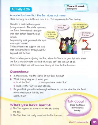 A nrrodel to show that the Sun does not rnove
Ploce the lomp on o toble ond turn it on. This represents the Sun shining.
Stond in a circle with everuone
Jocing outwords. The clrcte represents
the Eorth. Move round s[owly so
that eoch person Joces the Sun
tn turn. .-:.
Keep movlng until you reoch the spot
where you storted.
Collect evldence to support the ideo
thot the Eorth moves throughout the
doy ond not the Sun.
Observe when Uou ore Jocing the Sun, when the Sun [s on Uour teJt side, when
the Sun ls on Uour right side ond when gou con't see the Sun ot a[t.
In the next toptc, we witl looh more closely ot how the Earth moves.
Questiora.s
& In this octlvltg, wos the 'Eorth' or the 'Sun' moving?
g What ti.me oJ day wos it when you:
o Joced the 'Sun' b hod Uour bock to the 'Sun'
e coutd see the 'Sun' on Uour [eJt side.
3 Do you thlnk you collected enough evldence to test the ideo thot the Eorth
moves throughout the doy ond
not the Sun?
Wbo.t y aw 7ao'lre Ye,o..rwt,
* The Sun oppeors to move ocross the shg during
the dag.
g:, The Sun does not reoltg move but the Earth moves.
I om focing
the sun.
.."'i) -5l.&
:.,r. 
,' T0lk cbout it!
: ,ja:'
r€:, Does the Moon
6 Eorth's movennents
 