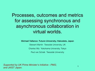 Processes, outcomes and metrics
         for assessing synchronous and
          asynchronous collaboration in
                  virtual worlds.




Supported by UK Prime Minister’s Initiative - PMI2,
                                                      1
and JAIST Japan.
 