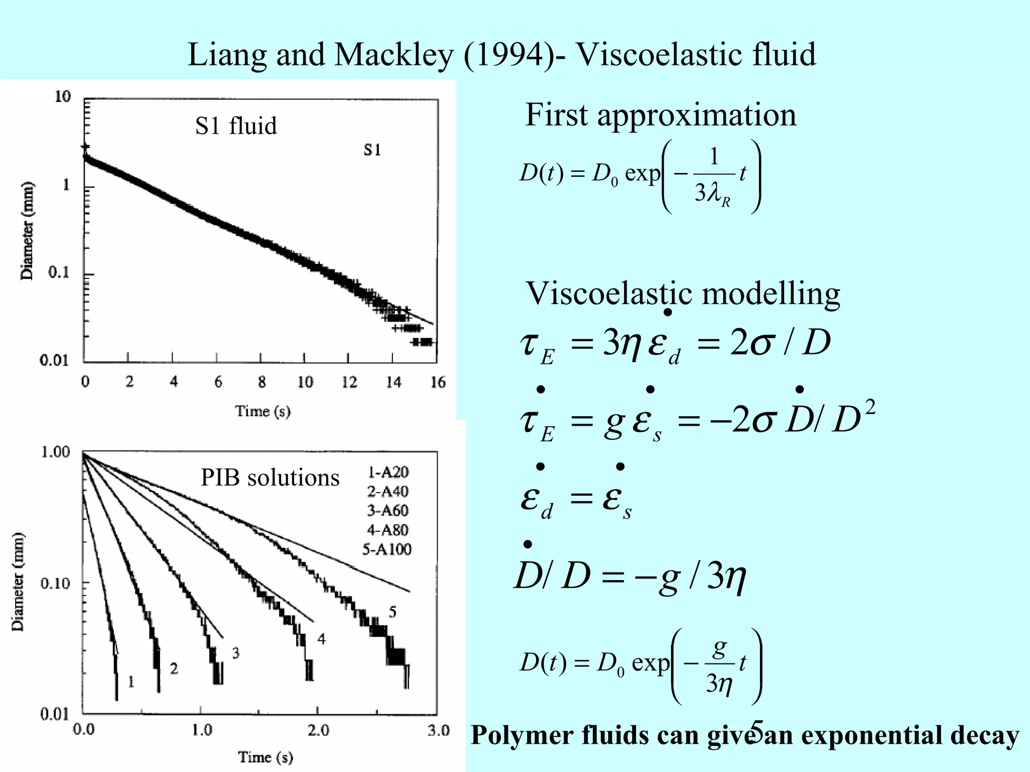 Liang and Mackley (1994)- Viscoelastic fluid

S1 fluid               First approximation
                                       1       
                       D (t ) = D0 exp −
                                       3λ     t
                                                
                                          R    


                       Viscoelastic modelling
                                •
                       τ E = 3η ε d = 2σ / D
                           •        •               •
                       τ E = g ε s = −2σ D/ D 2
                           •    •
PIB solutions
                       εd = εs
                       •
                      D/ D = − g / 3η
                                       g 
                       D (t ) = D0 exp − t 
                                       3η 
                                           
                                         5
                   Polymer fluids can give an exponential decay
 