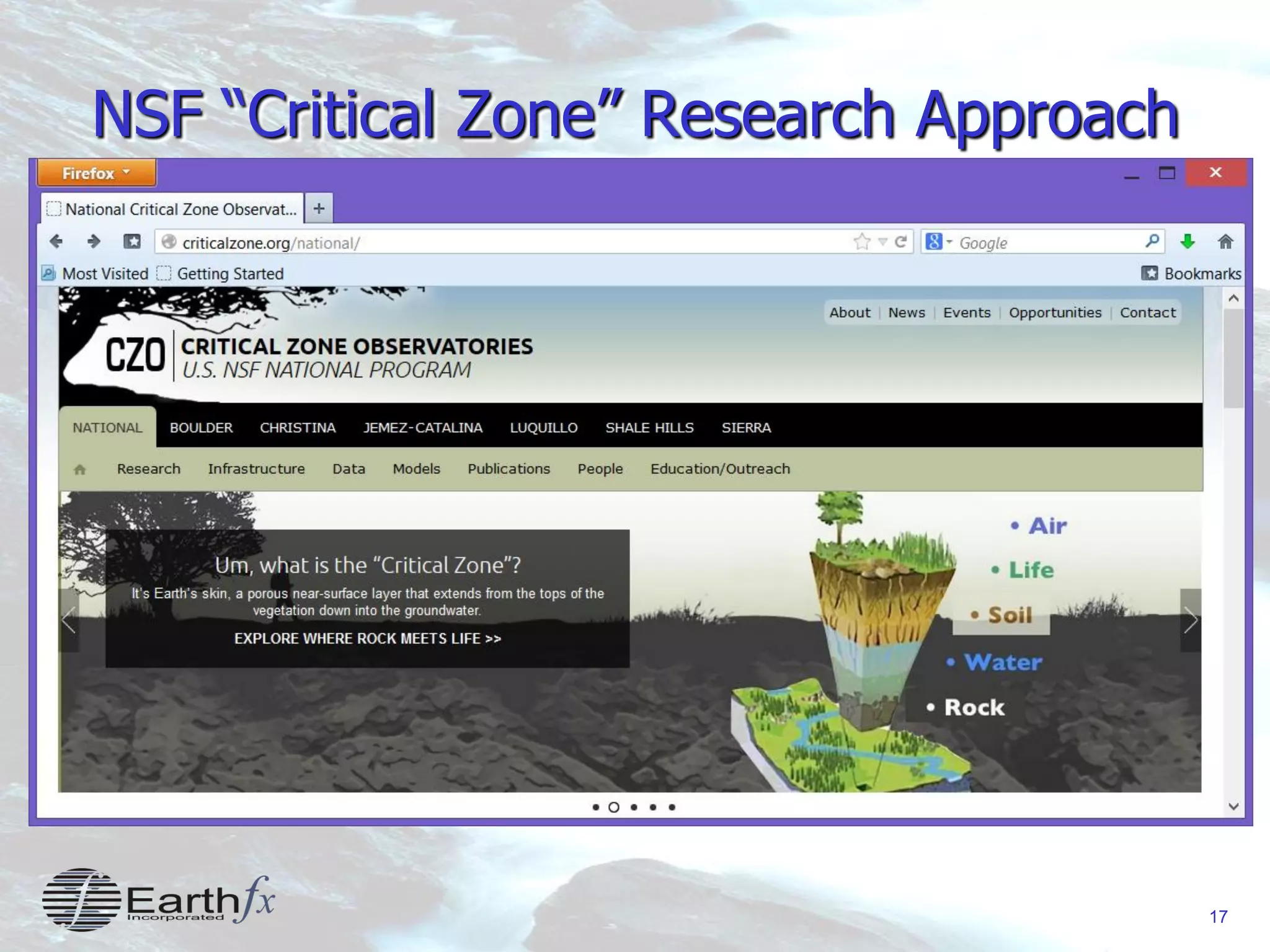 17
NSF “Critical Zone” Research Approach
 