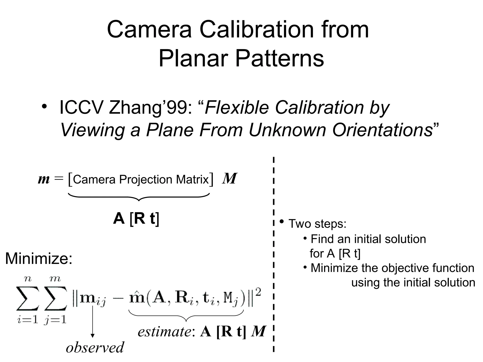 Camera Calibration from
Planar Patterns
• ICCV Zhang’99: “Flexible Calibration by
Viewing a Plane From Unknown Orientations”
m = [Camera Projection Matrix] M
A [R t]
observed
estimate: A [R t] M
Minimize:
• Two steps:
• Find an initial solution
for A [R t]
• Minimize the objective function
using the initial solution
 