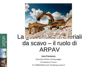La gestione dei materiali
da scavo – il ruolo di
ARPAV
Loro Francesco
Osservatorio Rifiuti e Compostaggio
Via S.Barbara 5 Treviso
Tel: 34806434362 email: floro@arpa.veneto.it
1
 